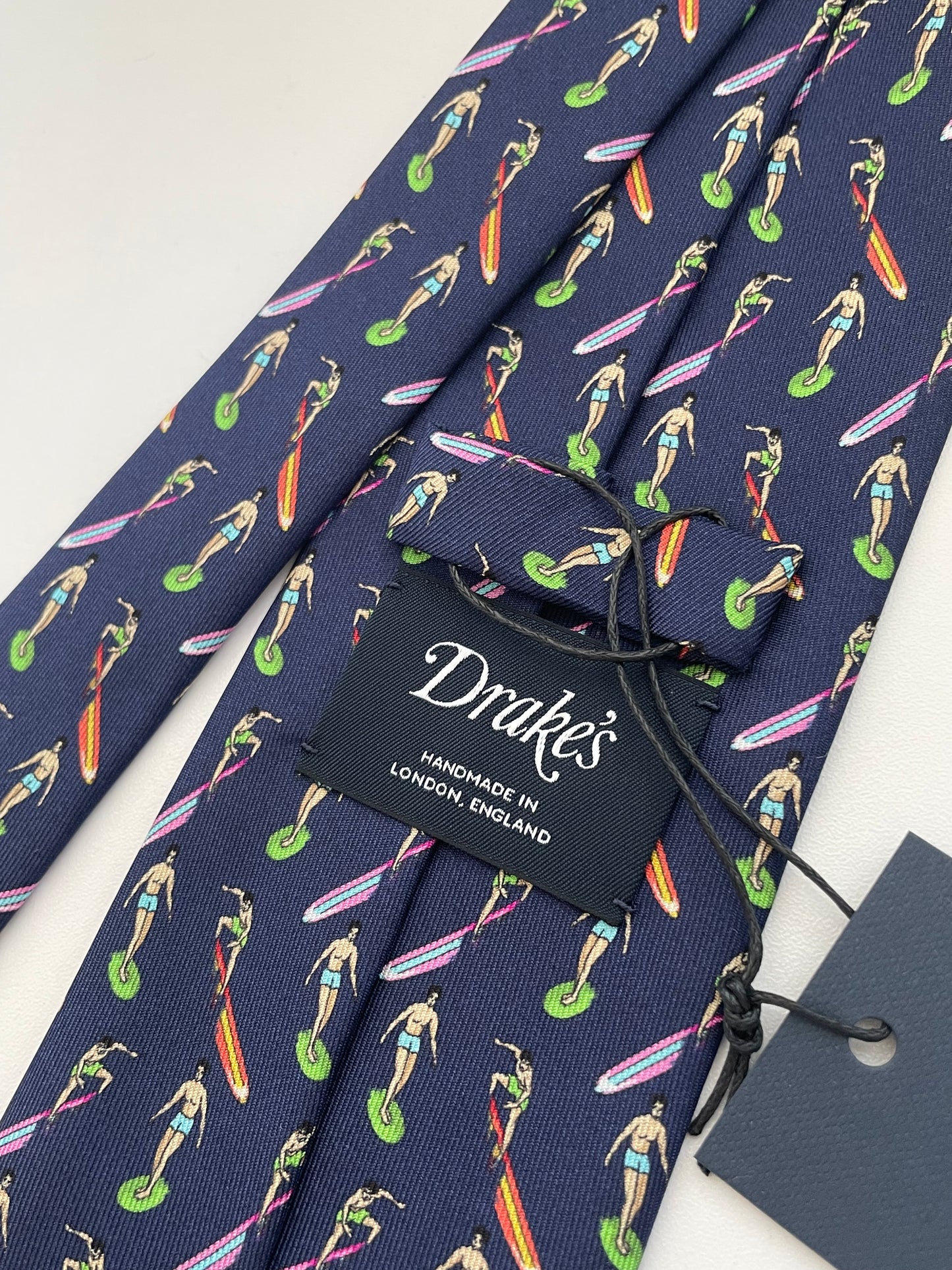 Limited Drakes Navy Multicoloured Tipped Silk Tie with Surfing Motif Sports Collection