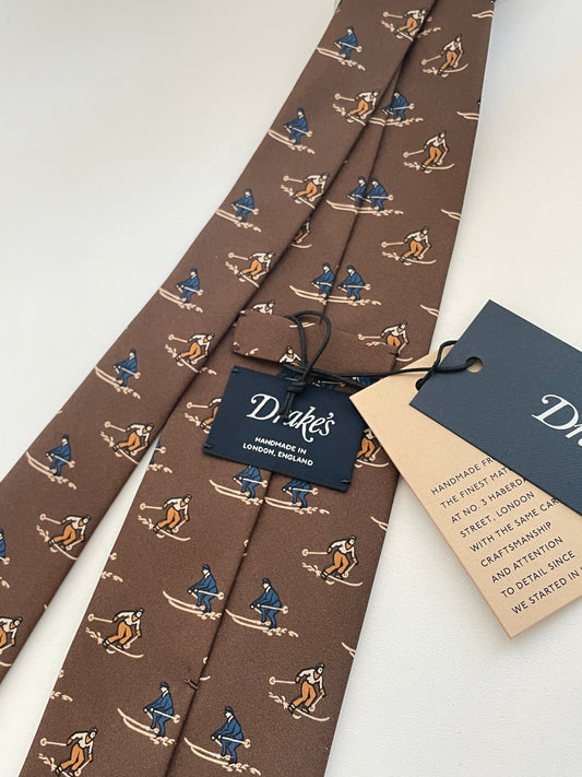 Limited Drakes Brown Hand-rolled Edge Silk Tie  With Tag with Skiing Motif Sports Collection