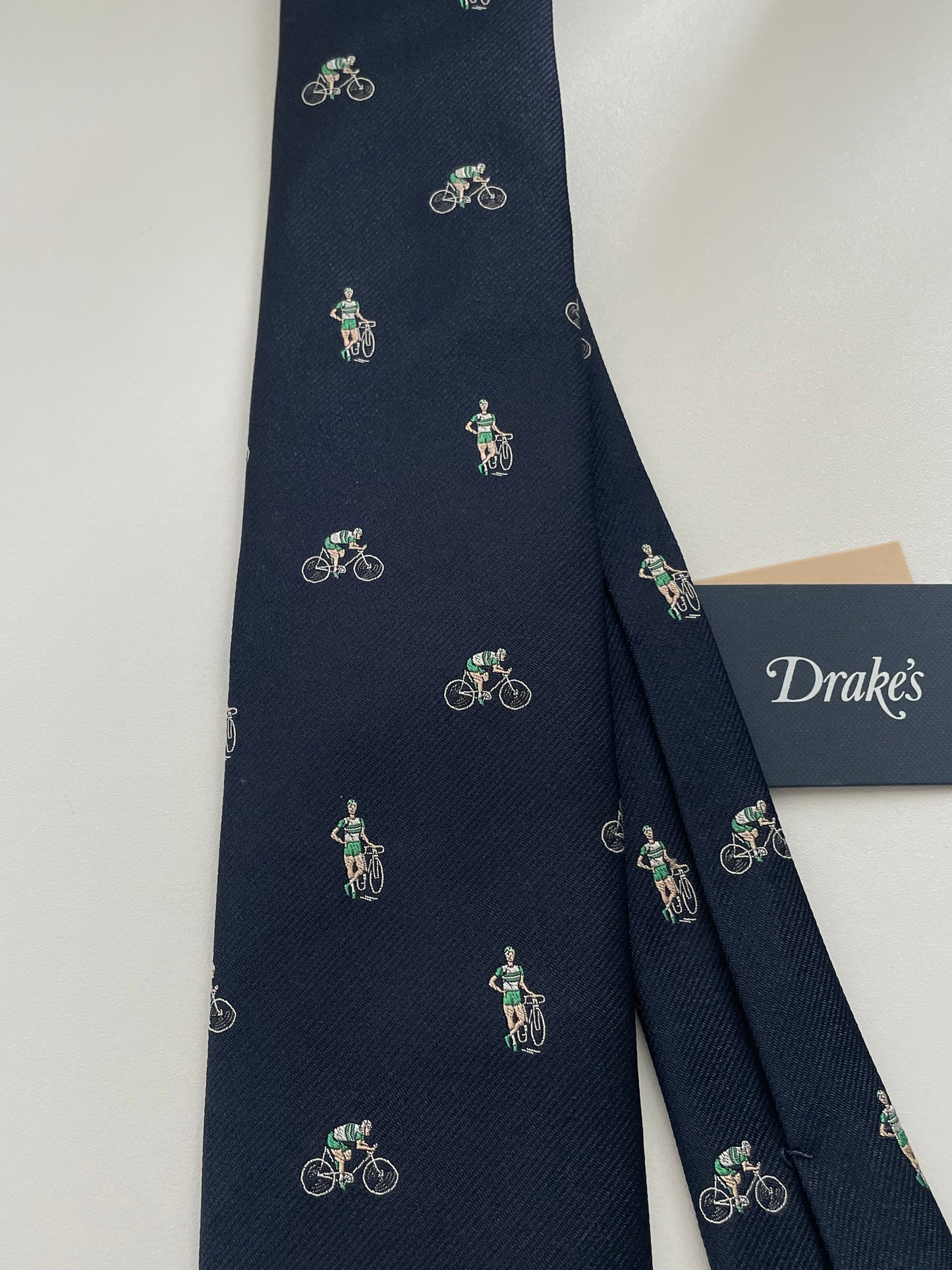 Limited Drakes Navy and Green Tipped Silk Tie with Bike Cycling Motif Sports Collection