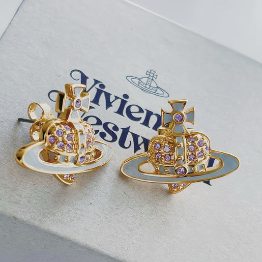 Vivienne Westwood Reverse Heart Studs Earrings Gold Blue and Violet crystal