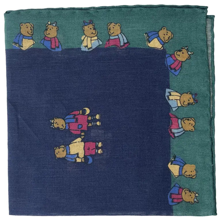 Drake’s Linen/Cotton Teddy Bear Print Pocket Square Limited Edition