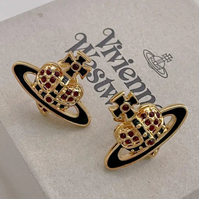 Vivienne Westwood Reverse Heart Studs Earrings Gold Black Red Cystals