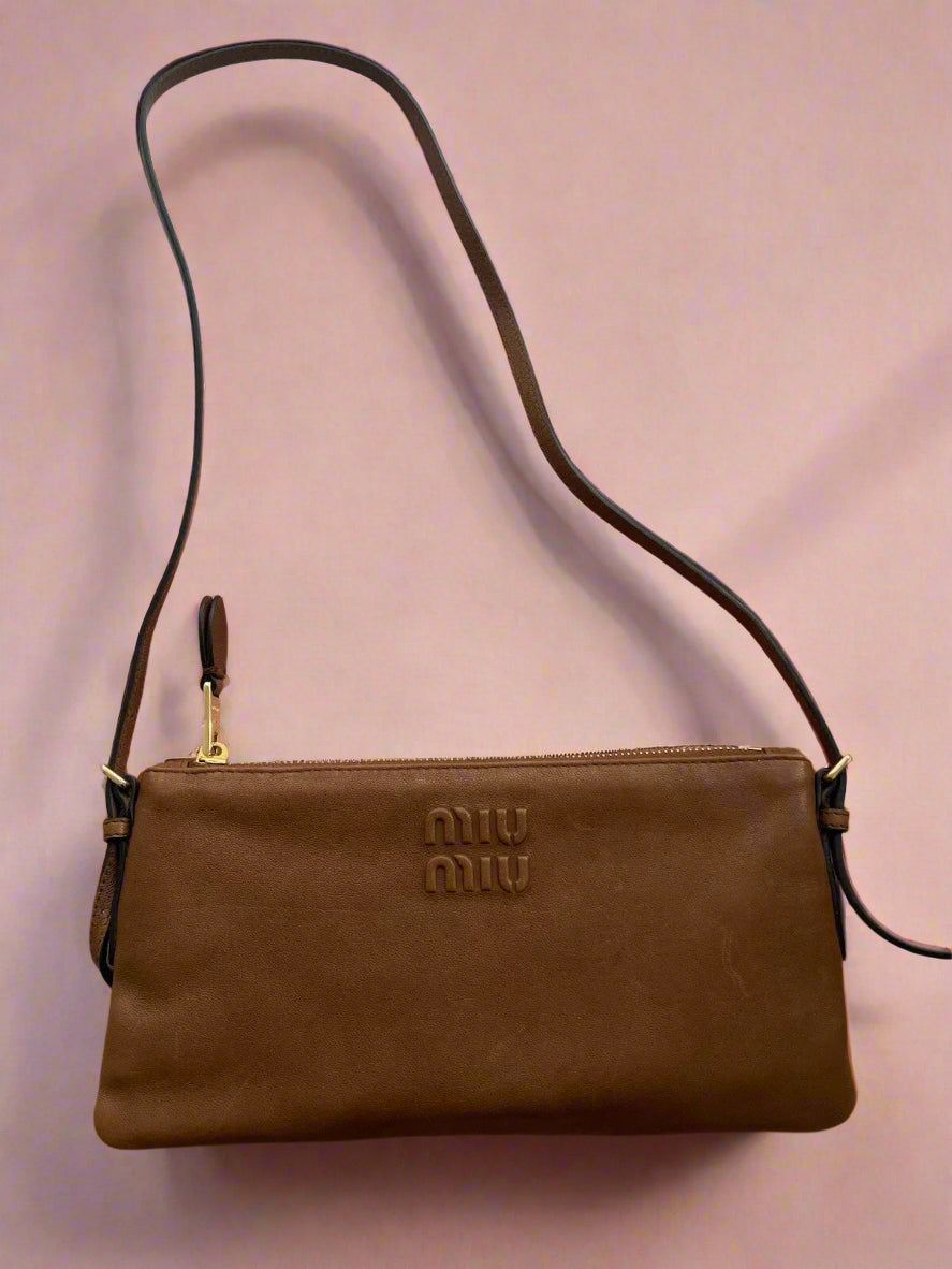 Miu Miu Logo Embossed Nappa Leather Shoulder Bag