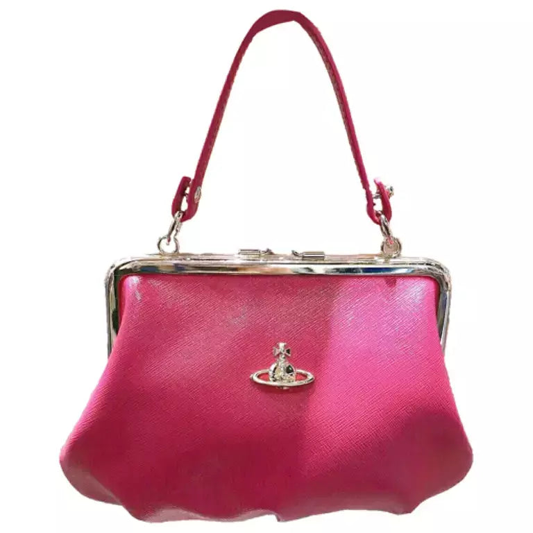 Vivienne Westwood Saffiano Frame  Purse Crossbody Leather Bag Fuxia